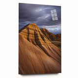 Acrylic glass landscape artwork depicting a vibrant desert scene, showcasing warm hues of orange and yellow with a side view design, perfect for home decor.