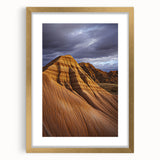 Desert landscape frame with a gold mat, showcasing intricate details of warm earth tones and a serene scene, perfect for enhancing home decor aesthetics.