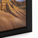 Vibrant close-up of a framed desert landscape canvas featuring warm earthy tones and intricate details, perfect for home decor enthusiasts seeking nature-inspired art.