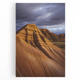 Desert landscape stretched canvas artwork showcasing vibrant golden sand dunes under a clear blue sky, perfect for enhancing modern home decor or office spaces.