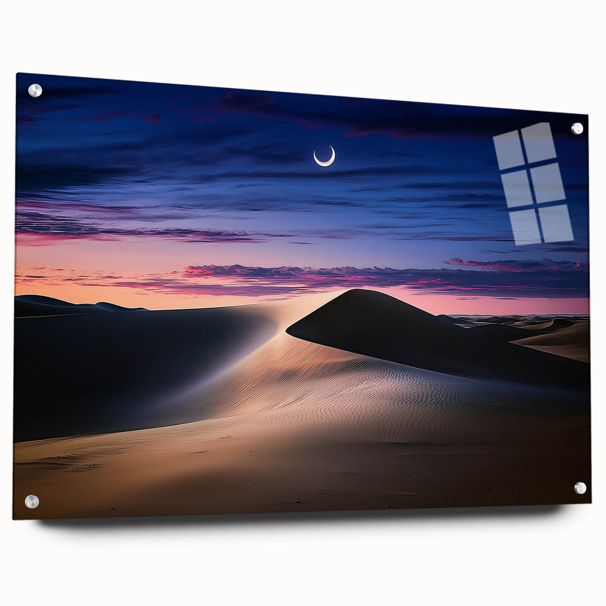 Acrylic glass artwork showcasing a serene desert landscape with rolling dunes, displayed from a side view with stylish pins for mounting. Ideal for modern decor.