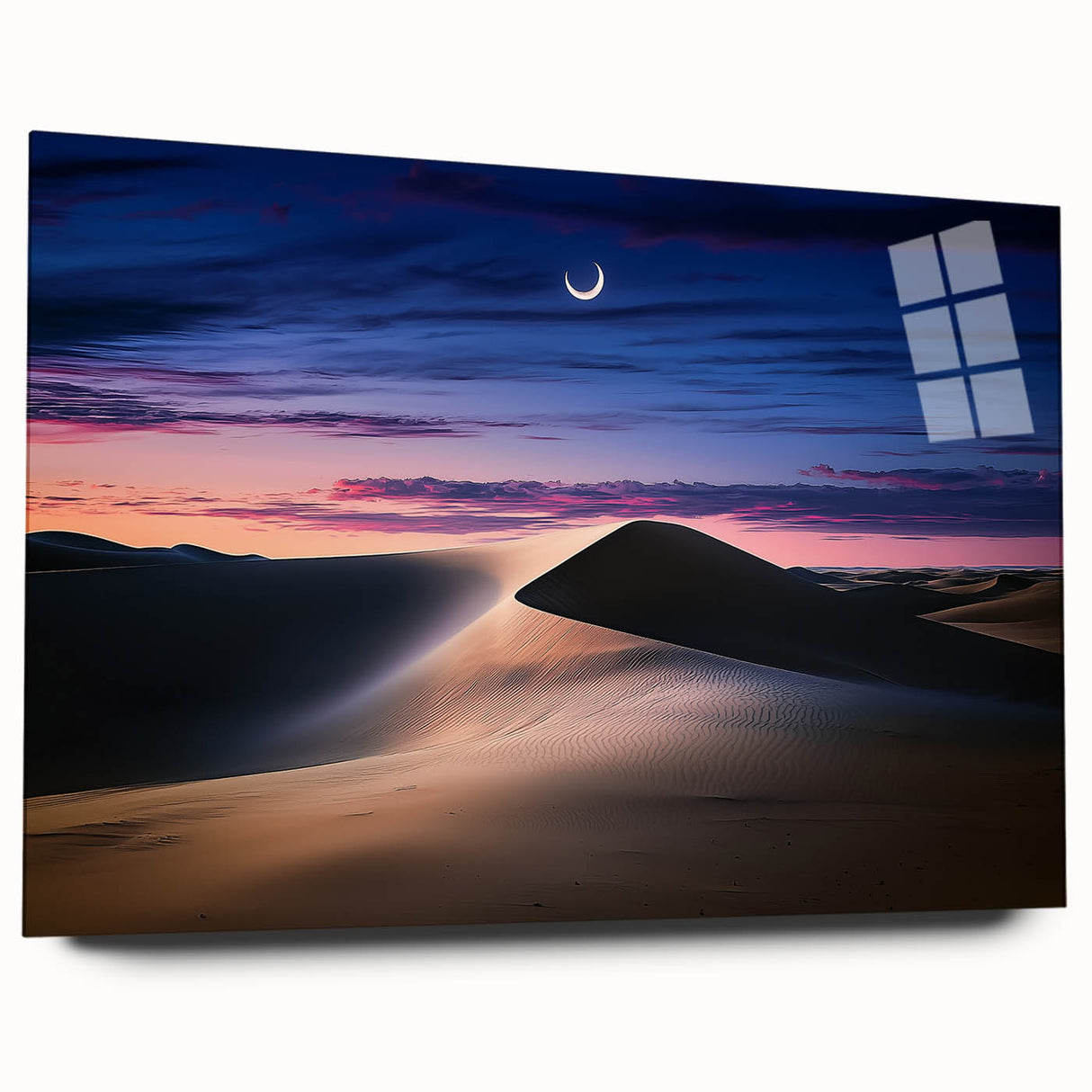 Acrylic landscape artwork depicting serene sand dunes, showcased in a side view without pins, highlighting smooth edges and vibrant colors for modern decor.