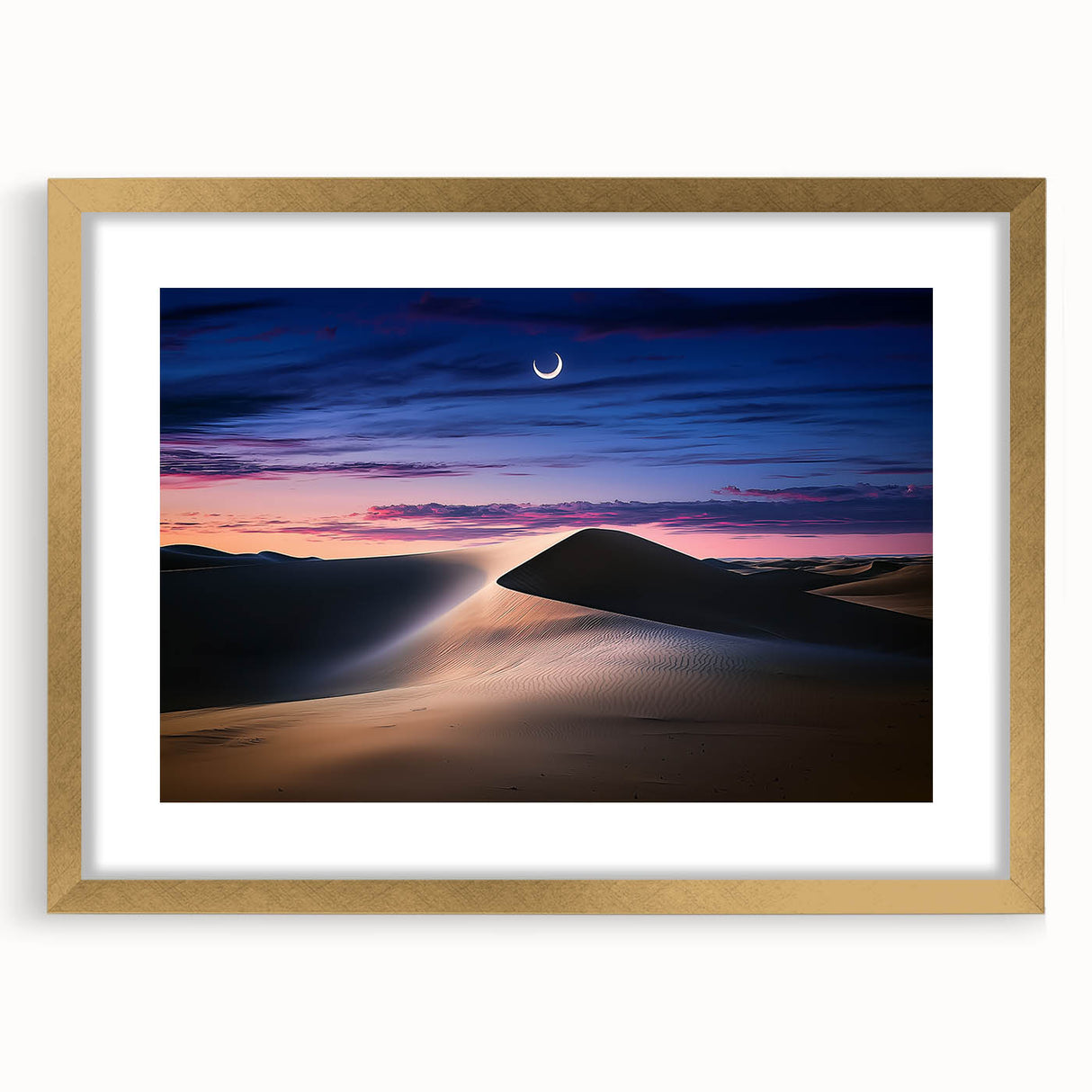 Framed landscape artwork featuring golden sand dunes, elegantly matted and displayed in a luxurious gold frame, perfect for enhancing home decor with a touch of nature's beauty.