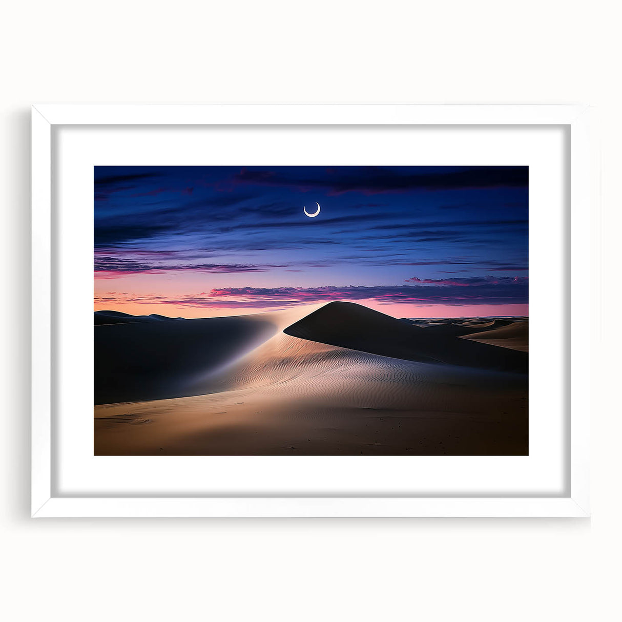 Framed landscape art depicting serene dunes in soft beige and golden hues, featuring a white mat for an elegant finish, ideal for home decor.