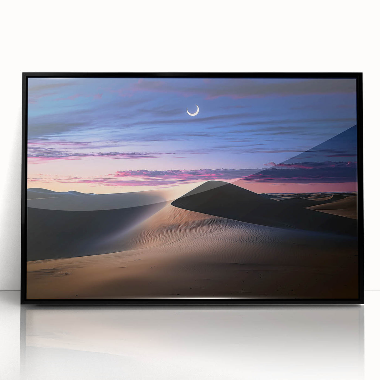 Framed acrylic artwork depicting serene sand dunes in a desert landscape, showcasing soft beige and golden tones, presented with a sleek black frame for modern decor.