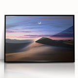 Framed acrylic artwork depicting serene sand dunes in a desert landscape, showcasing soft beige and golden tones, presented with a sleek black frame for modern decor.