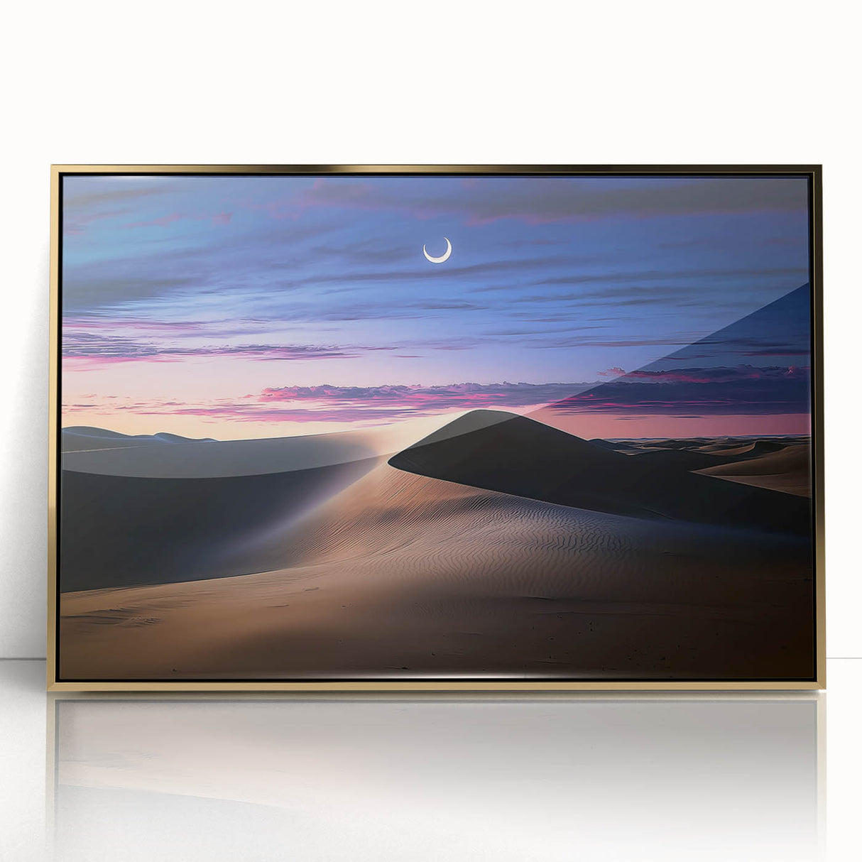 Framed acrylic artwork showcasing a serene landscape of golden dunes, elegantly designed to enhance home decor, perfect for modern interiors.