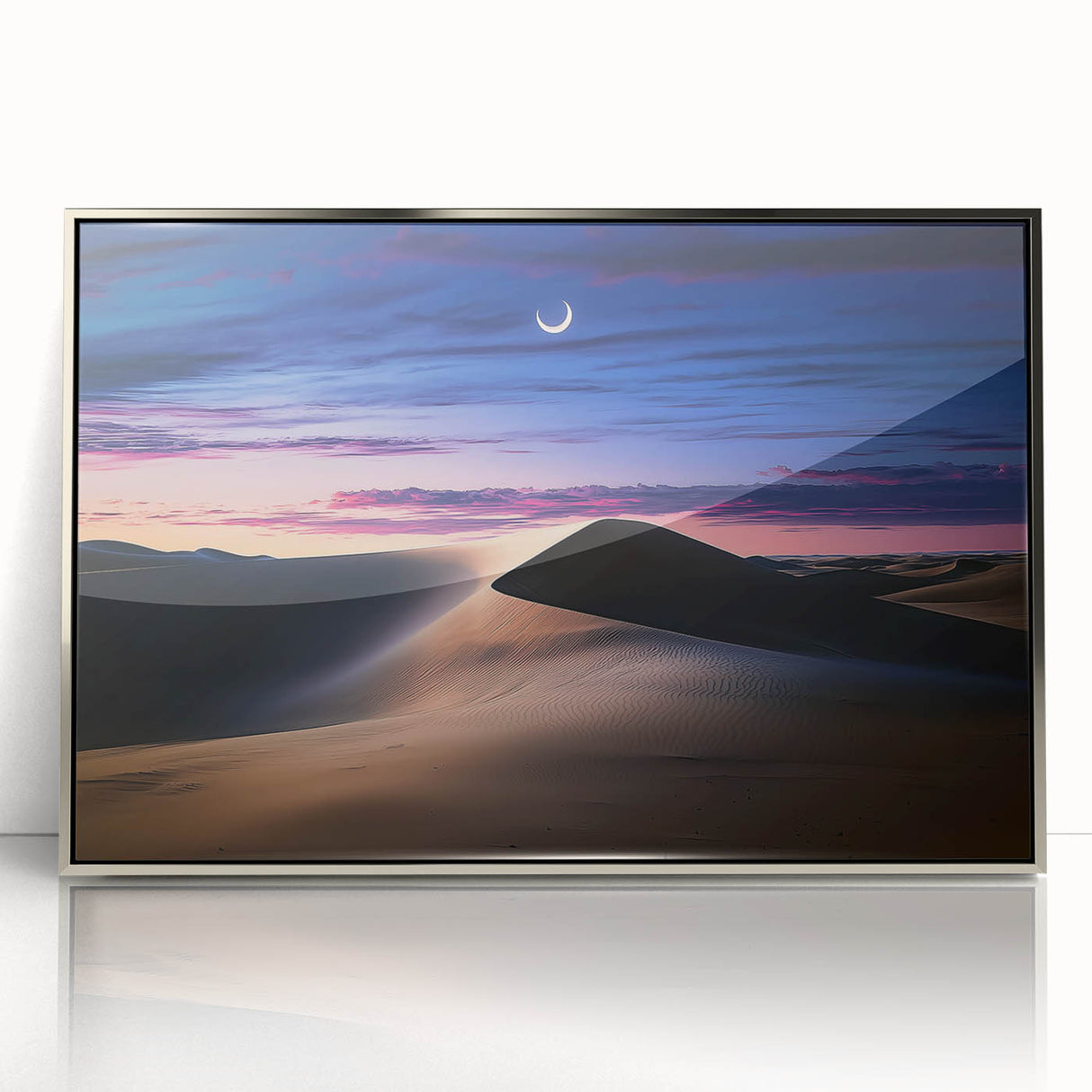 Framed acrylic artwork showcasing a stunning desert landscape with golden dunes, highlighted by silver accents, perfect for modern home decor.