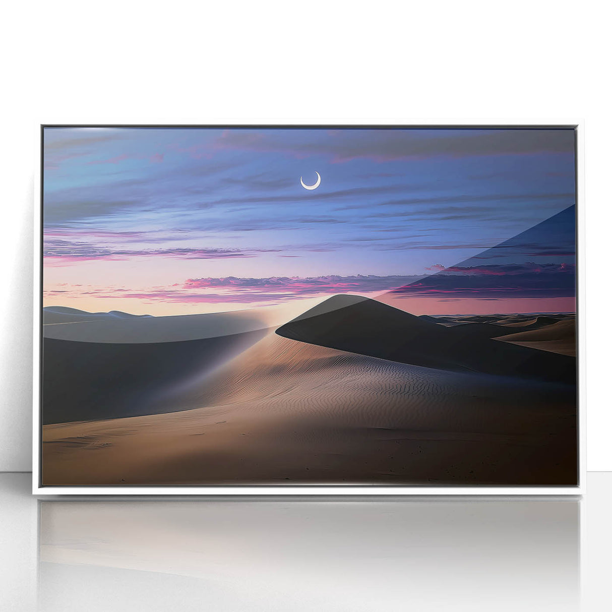 Framed acrylic art piece showcasing serene desert dunes in warm hues, designed to enhance modern home decor with its elegant white frame. Perfect for nature lovers.