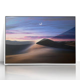 Framed acrylic art piece showcasing serene desert dunes in warm hues, designed to enhance modern home decor with its elegant white frame. Perfect for nature lovers.