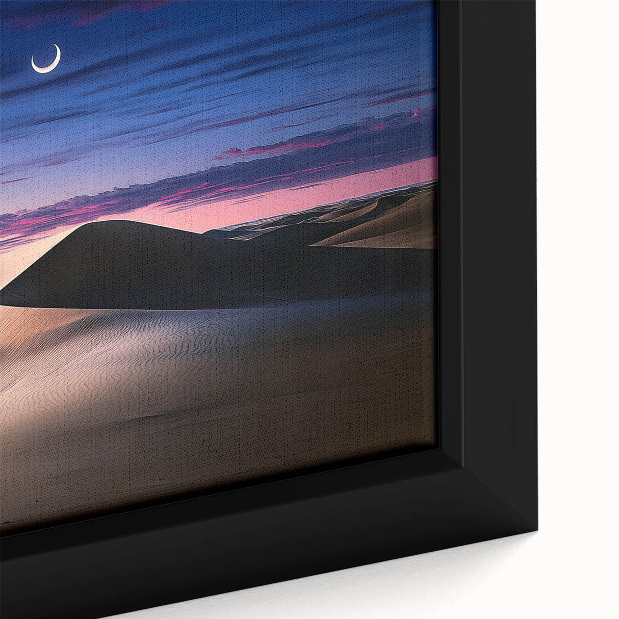 Close-up of a framed canvas depicting serene desert dunes at sunset, showcasing warm hues of orange and gold, perfect for enhancing home decor with a natural theme.