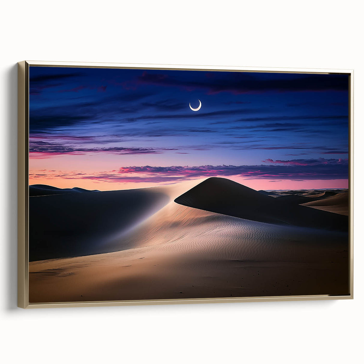 Framed canvas artwork depicting a serene desert landscape with golden dunes, showcasing vibrant colors and textures, perfect for modern home decor.