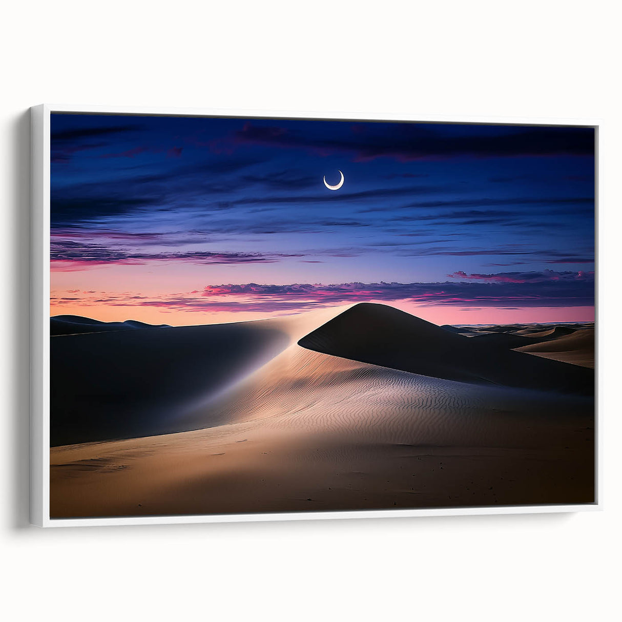 Framed canvas artwork of serene sand dunes, showcasing soft beige and golden hues, elegantly displayed from a side view against a white wall, perfect for modern decor.