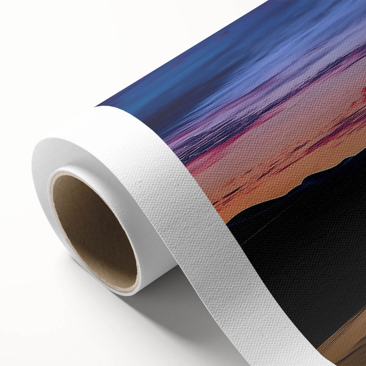 Stunning rolled canvas artwork showcasing a serene desert landscape with golden dunes under a vibrant blue sky, perfect for enhancing home decor.