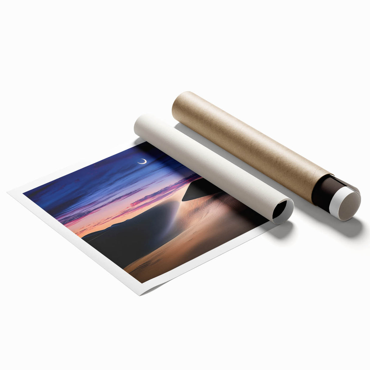 Desert landscape printed canvas showcasing golden sand dunes under a vibrant blue sky, elegantly rolled and packaged in a protective cardboard tube for easy display.