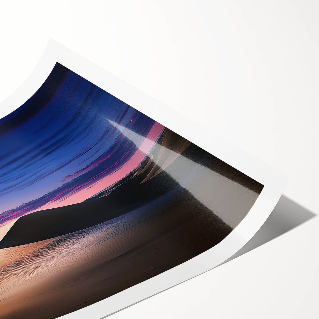 Rolled landscape print showcasing serene sand dunes with soft golden hues, elegantly packaged in a protective cardboard tube for easy transport and display.
