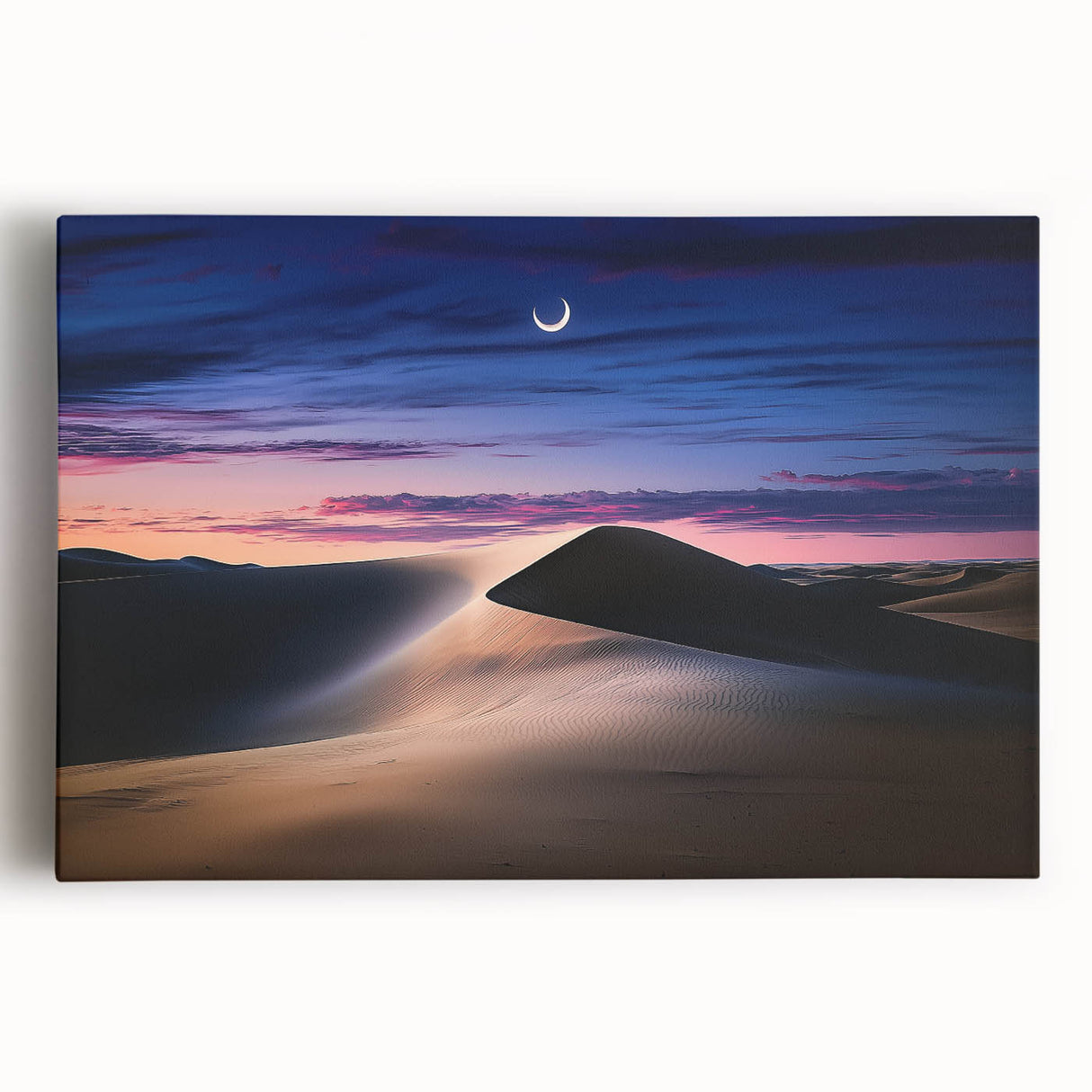 Stretched canvas artwork depicting serene sand dunes under a vibrant sunset, ideal for home decor and enhancing living spaces with nature-inspired design.