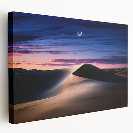 Vibrant stretched canvas artwork of serene sand dunes at sunset, showcasing warm hues of orange and gold, perfect for enhancing modern home decor.