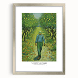 Textured abstract art print inspired by Van Gogh in silver frame, with vibrant blue and yellow swirls, ideal for bedroom art.