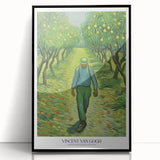 Large abstract wall art featuring swirling blue and yellow tones, framed in black acrylic, in a mid-century modernist style.