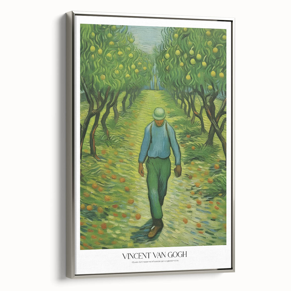 Impressionist landscape painting on framed canvas, featuring vibrant colors with a silver frame.