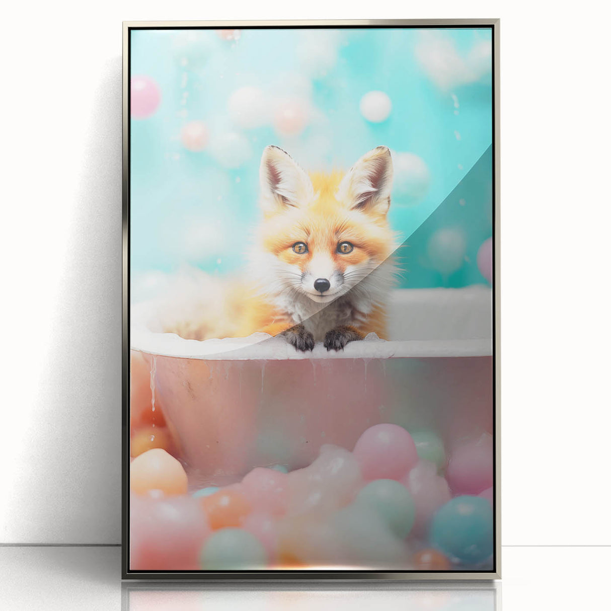 Playful Fox Bathroom Wall Art - Pastel Bubble Bath Decor