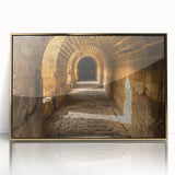 Mid-century modernist art of an Ethiopian landscape in gold and earth tones, acrylic framed print.