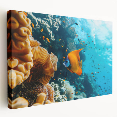 Large stretched canvas depicting a serene Mauritian landscape with vivid blue and green tones, suitable for kitchen wall art.