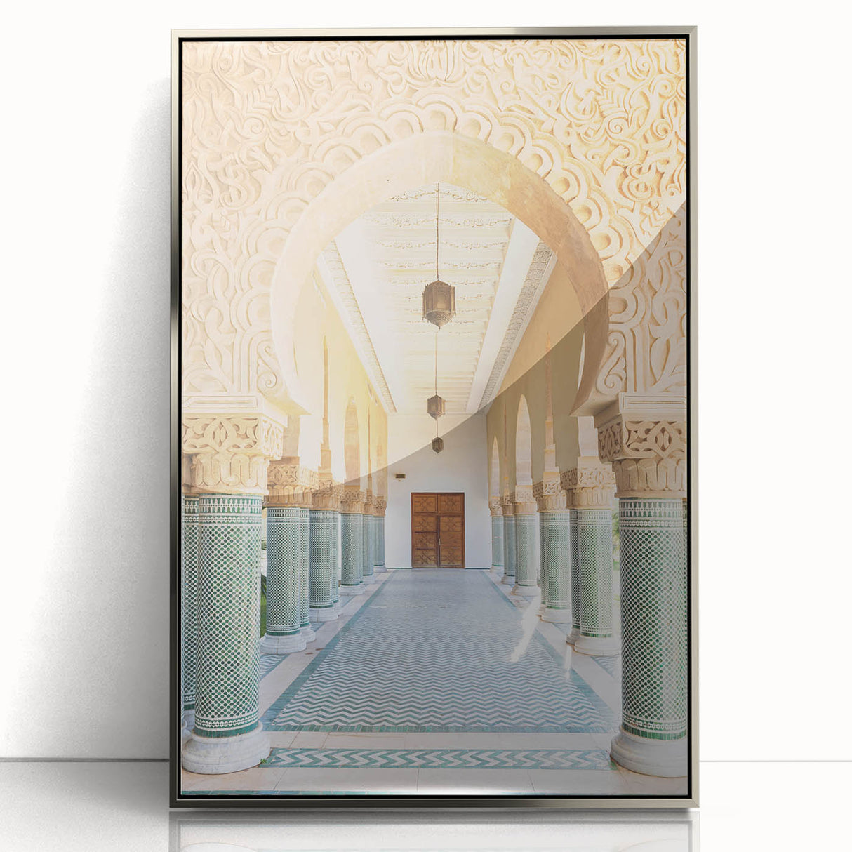 Art deco poster depicting a Moroccan landscape in silver-toned acrylic frame, ideal for modern art wall decor.