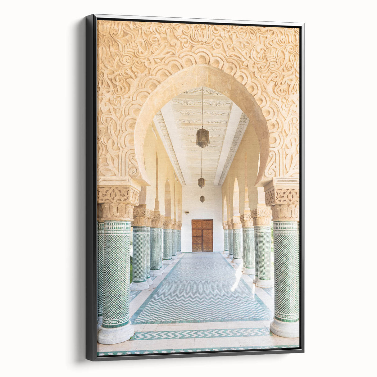 Black and white landscape art painting of Moroccan scenery on framed canvas, suitable for bedroom decor.