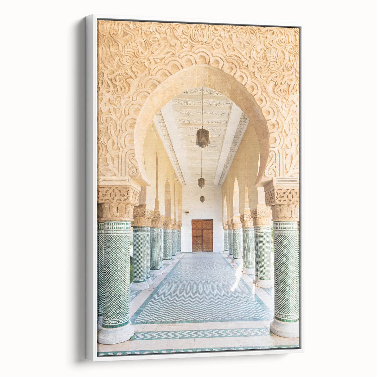 Framed canvas of a vintage-style Moroccan landscape in black and white, ideal for bedroom wall art.