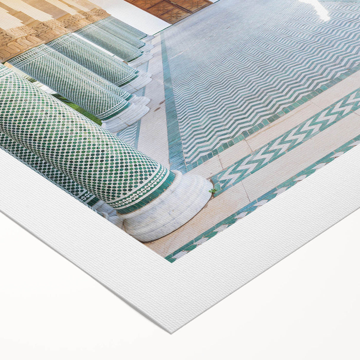 Art deco poster of a Moroccan landscape in muted earth tones on rolled canvas, suitable for dining room decor.