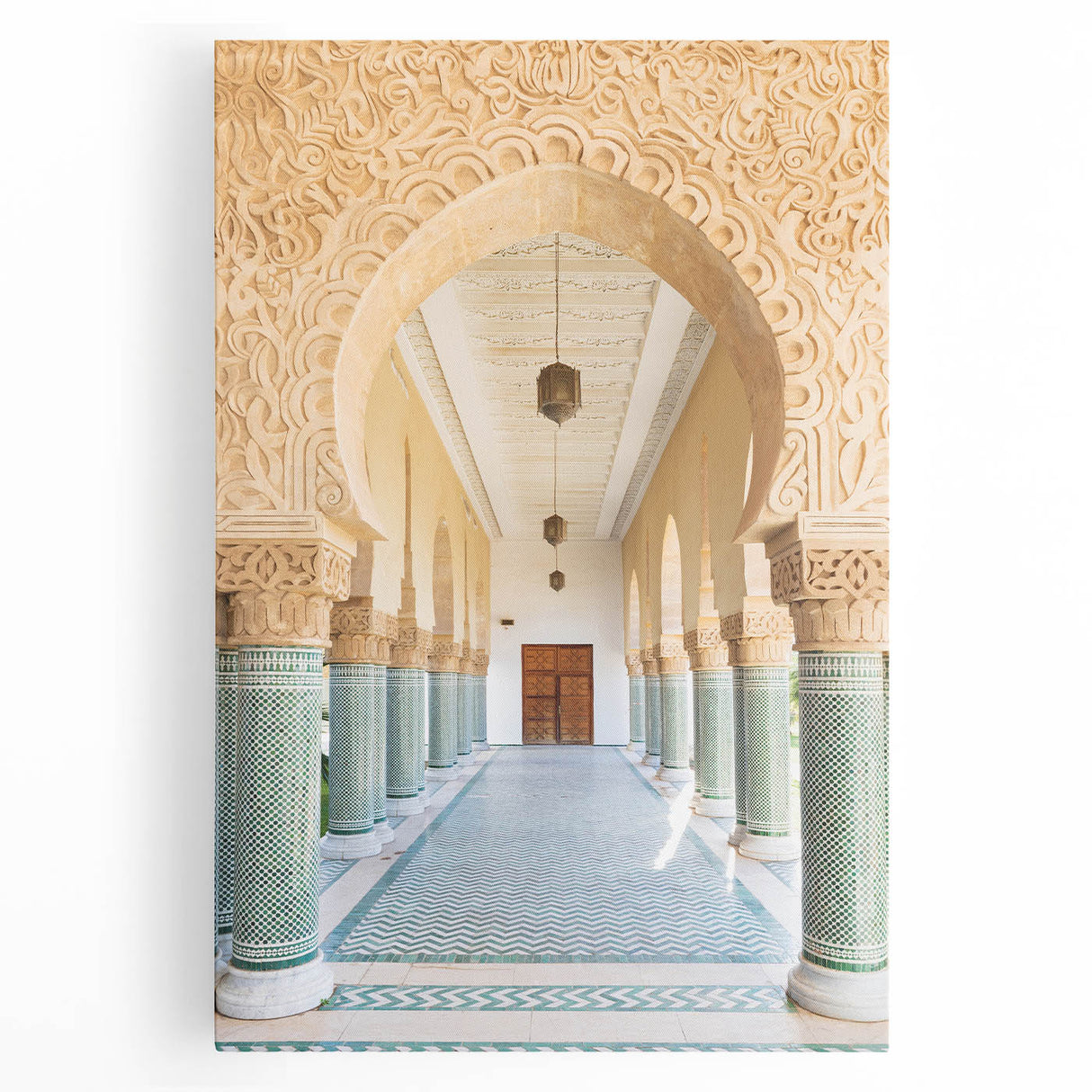 Black and white stretched canvas featuring a Moroccan street scene, ideal for kitchen wall art.