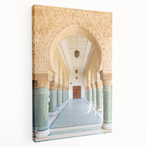 Moroccan landscape with earth tones on a large stretched canvas, suitable for kitchen wall art.
