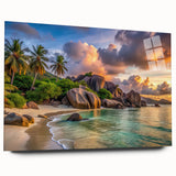 Large abstract wall art of Seychelles scenery in vibrant blues and greens on acrylic glass.