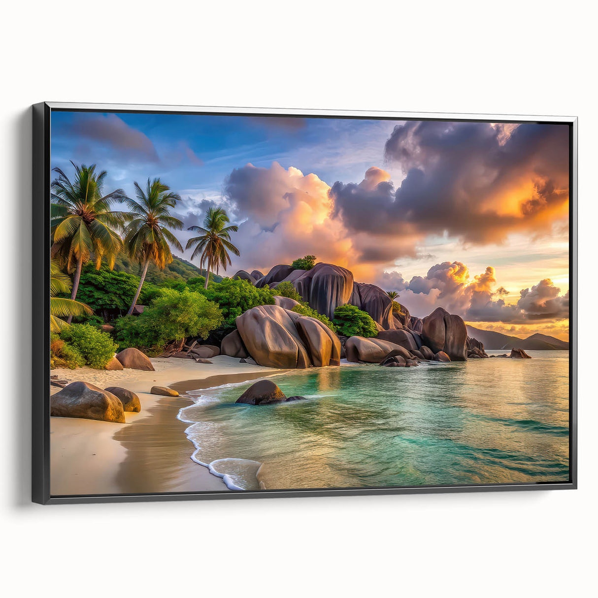 Black and white framed canvas of a Seychelles landscape with vintage poster art style, ideal for bedroom decor.