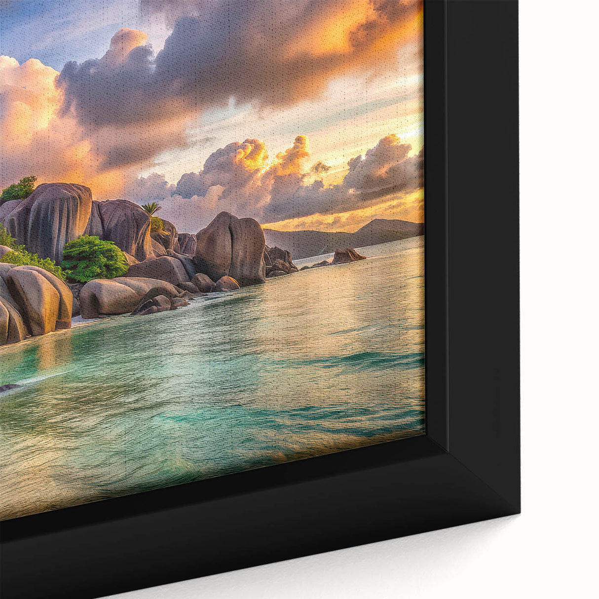 Extra large black wall art on framed canvas featuring a colorful, textured depiction of Seychelles scenery.
