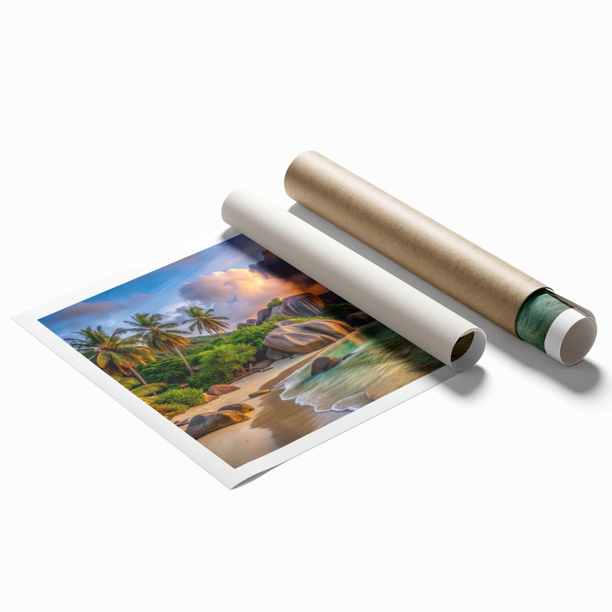 Extra large rolled print depicting Seychelles landscape with vivid green and blue tones, ideal for classy bathroom wall art.