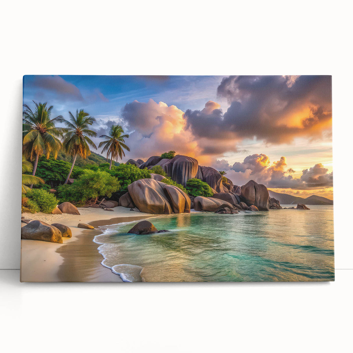 Black and white photograph of Seychelles scenery on a large stretched canvas, suitable for kitchen wall art.