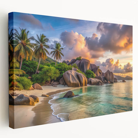 Large art depicting the Seychelles landscape with vibrant green and blue tones, printed on stretched canvas.