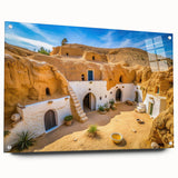 Acrylic print of a Tunisian landscape with earth tones, ideal for dining room or bedroom decor.