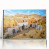 Acrylic print of a Tunisian landscape in art deco style, framed in white, suitable for modern nursery decor.