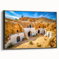 Black and white landscape art painting of Tunisia on framed canvas, ideal for bedroom wall decor.