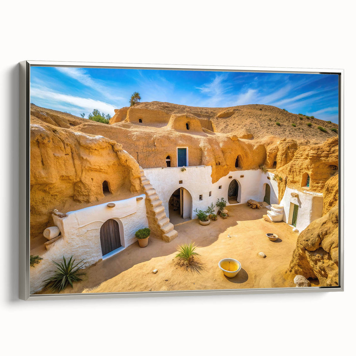 Landscape art painting depicting a Tunisian scenery on a framed canvas, featuring vibrant colors against a black background.
