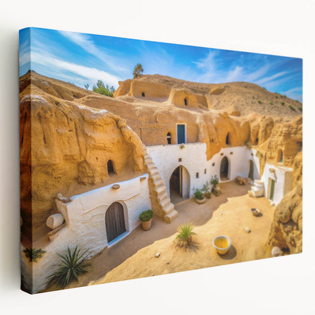 Large canvas print depicting a Tunisian landscape in muted earth tones, suitable for kitchen wall art.