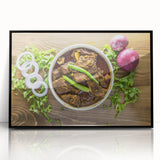 Large abstract wall art depicting a serene Bangladesh landscape in muted green and blue tones, framed in black acrylic.