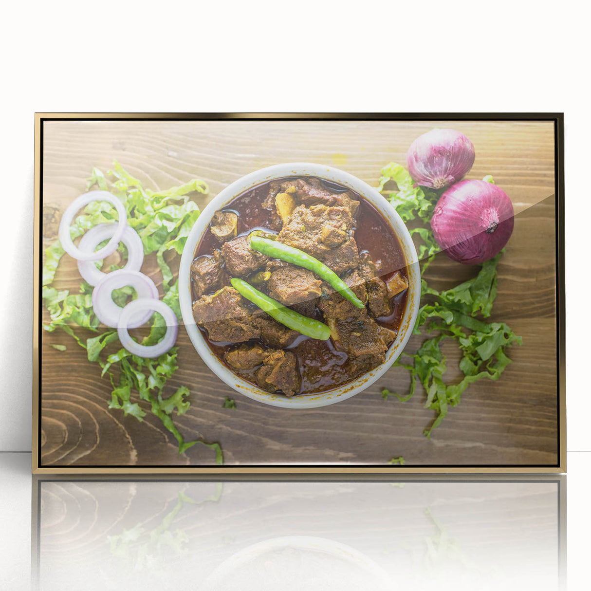 Large art print of a Bangladesh scenery in gold frame, acrylic, mid-century modernist style.