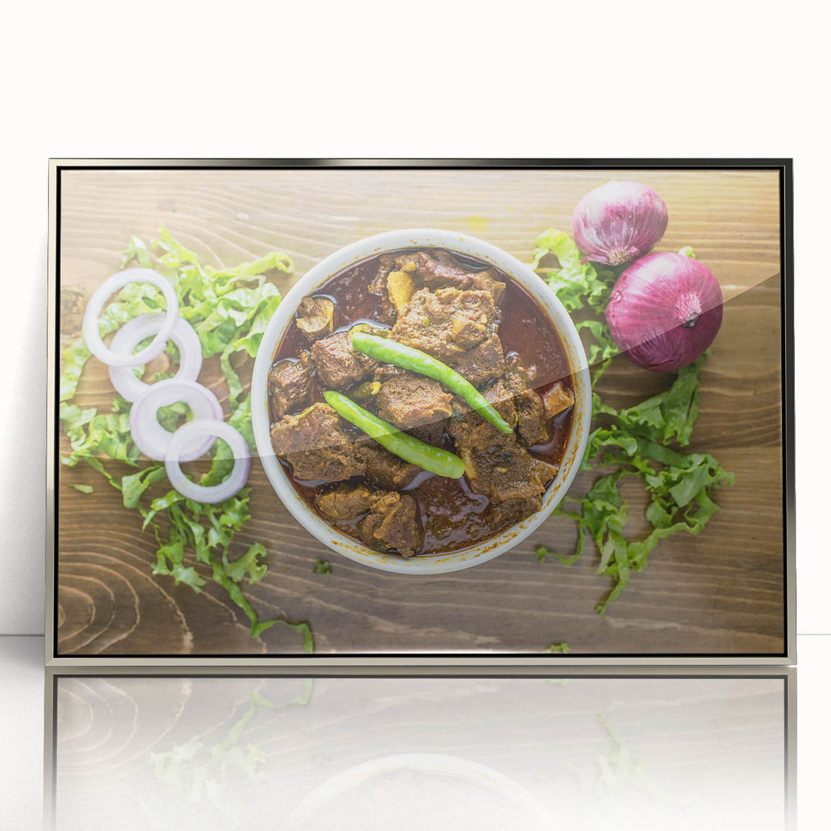 Mid-century modernist art depicting a serene Bangladesh landscape in muted earth tones on a framed acrylic print.