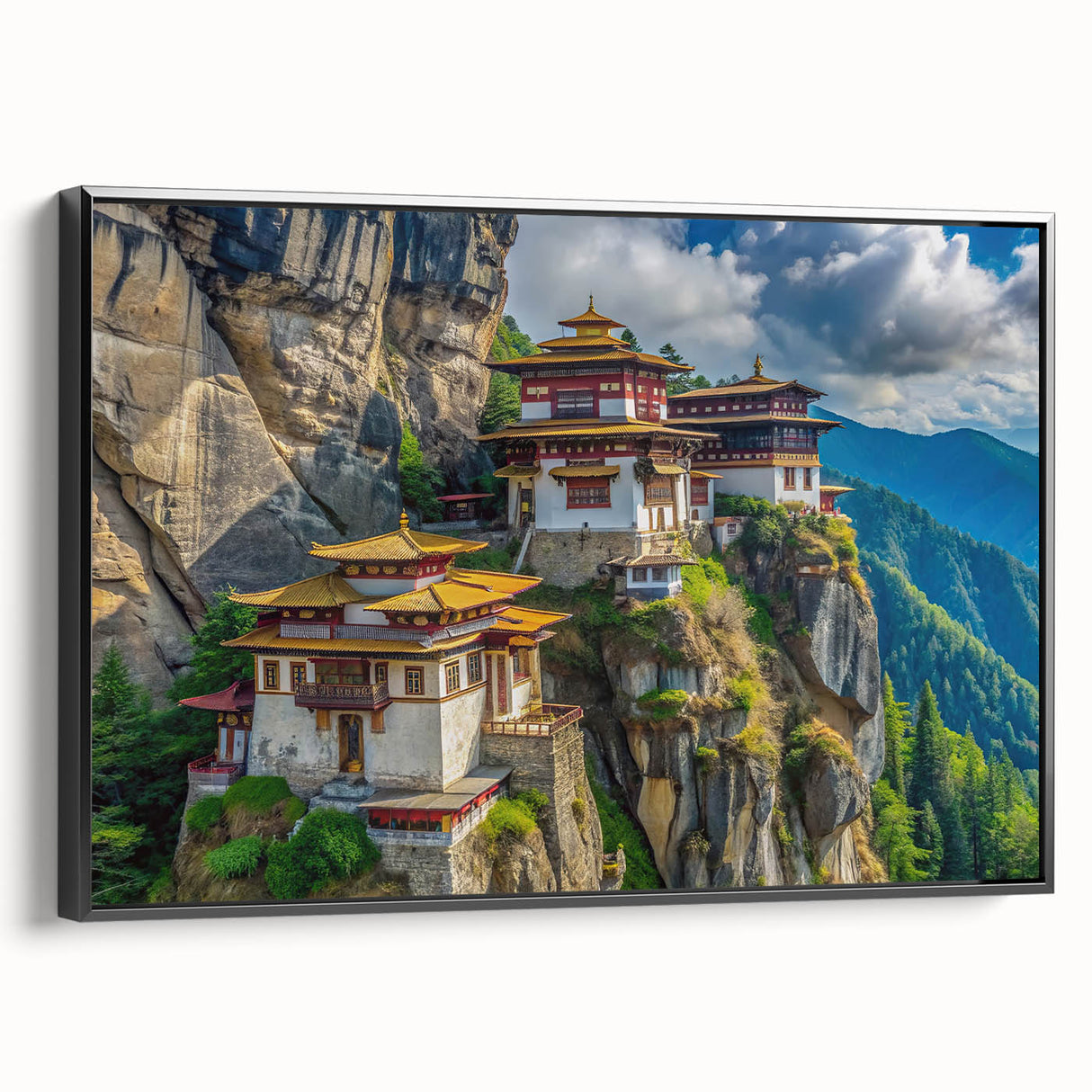 Black and white landscape art painting of Bhutan on framed canvas, ideal for bedroom wall decor.