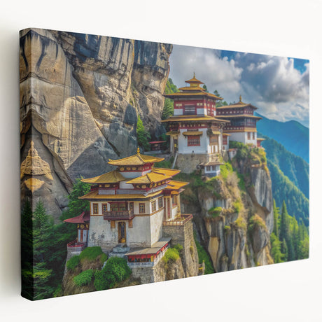 Panoramic view of a Bhutanese landscape on stretched canvas, featuring serene green and blue tones.